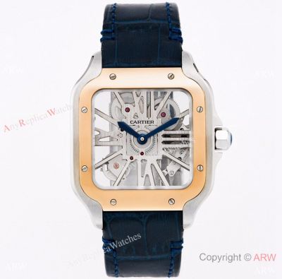 (TWF) Replica Cartier Santos De Skeleton Watch With Half Rose Gold Blue Leather Strap 